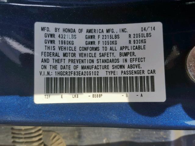 1HGCR2F83EA205102 - 2014 HONDA ACCORD EXL BLUE photo 10