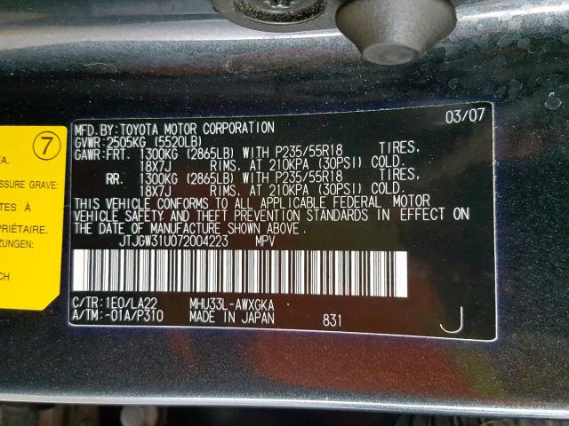 JTJGW31U072004223 - 2007 LEXUS RX 400H GRAY photo 10