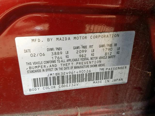 JM1BK324961490526 - 2006 MAZDA 3 S RED photo 10