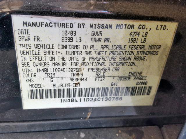 1N4BL11D24C130766 - 2004 NISSAN ALTIMA SE BLACK photo 10