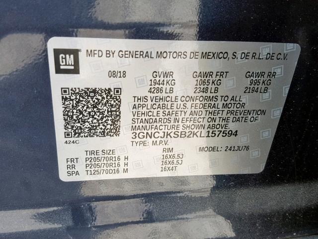 3GNCJKSB2KL157594 - 2019 CHEVROLET TRAX LS BLUE photo 10