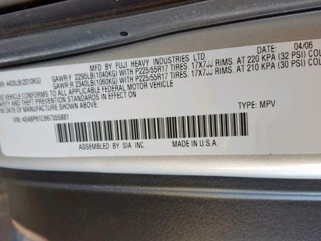 4S4BP61C667355881 - 2006 SUBARU LEGACY OUT SILVER photo 10