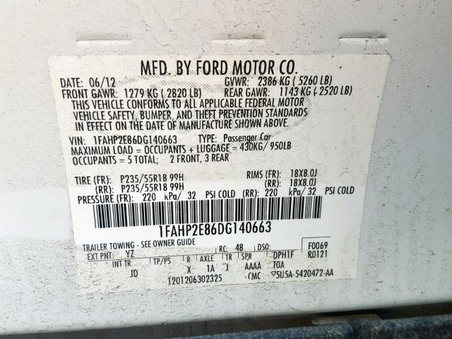 1FAHP2E86DG140663 - 2013 FORD TAURUS SEL WHITE photo 10