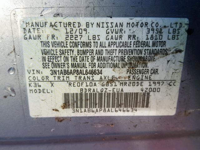 3N1AB6AP8AL646634 - 2010 NISSAN SENTRA 2.0 GRAY photo 10