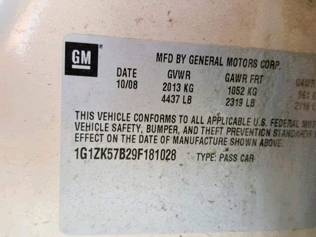 1G1ZK57B29F181028 - 2009 CHEVROLET MALIBU LTZ ბეჟი ფოტო 10