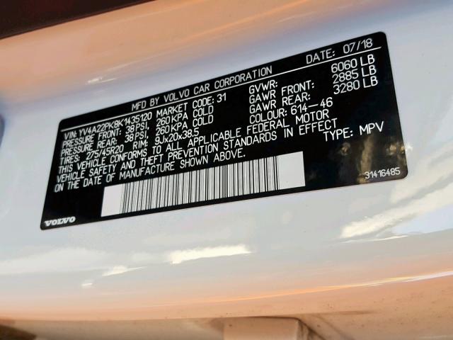 YV4A22PK8K1435120 - 2019 VOLVO XC90 T6 WHITE photo 10