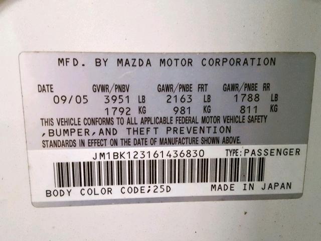 JM1BK123161436830 - 2006 MAZDA 3 S WHITE photo 10