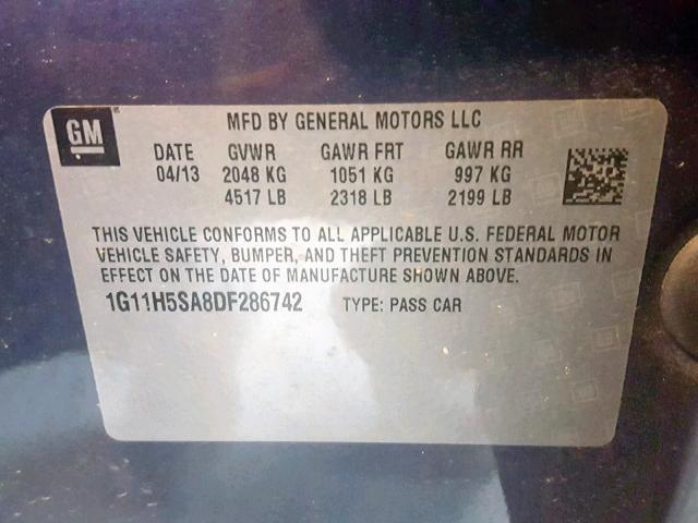 1G11H5SA8DF286742 - 2013 CHEVROLET MALIBU LTZ ლურჯი ფოტო 10