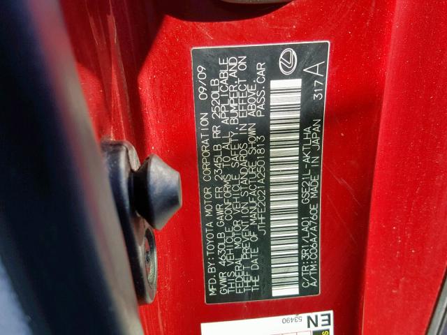 JTHFE2C21A2501813 - 2010 LEXUS IS 350 RED photo 10