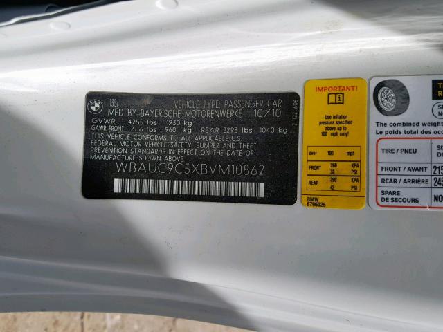 WBAUC9C5XBVM10862 - 2011 BMW 135 I WHITE photo 10