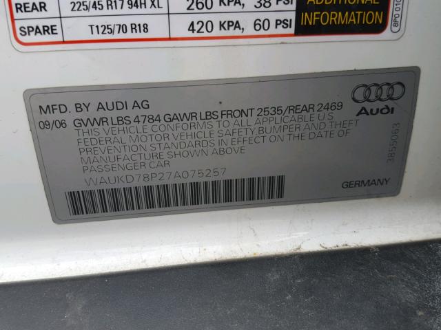 WAUKD78P27A075257 - 2007 AUDI A3 S-LINE WHITE photo 10