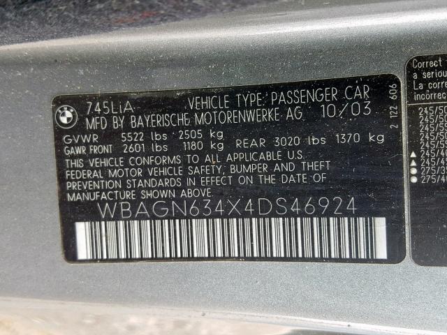 WBAGN634X4DS46924 - 2004 BMW 745 LI GRAY photo 10