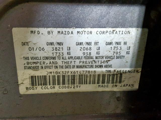 JM1BK32FX61477818 - 2006 MAZDA 3 I GRAY photo 10