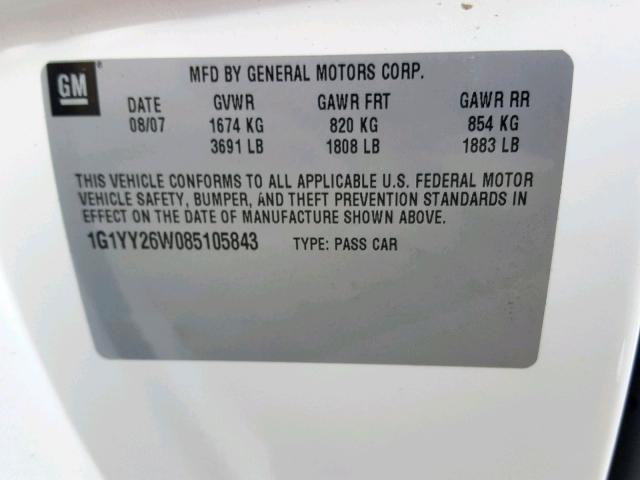 1G1YY26W085105843 - 2008 CHEVROLET CORVETTE WHITE photo 10