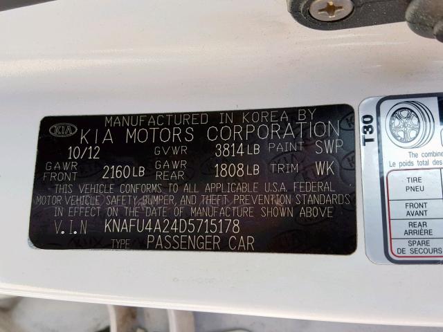 KNAFU4A24D5715178 - 2013 KIA FORTE EX WHITE photo 10