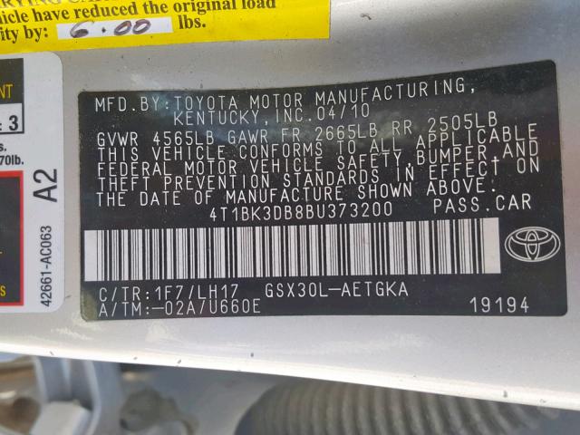 4T1BK3DB8BU373200 - 2011 TOYOTA AVALON BAS SILVER photo 10