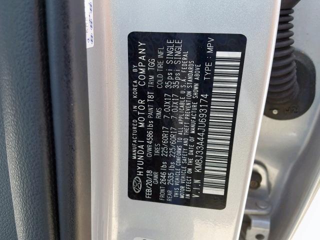 KM8J33A44JU693174 - 2018 HYUNDAI TUCSON SEL SILVER photo 10