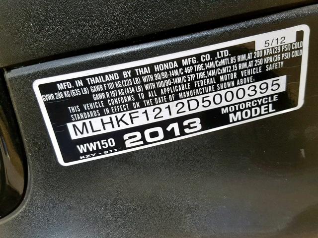 MLHKF1212D5000395 - 2013 HONDA PCX 150 BLACK photo 10