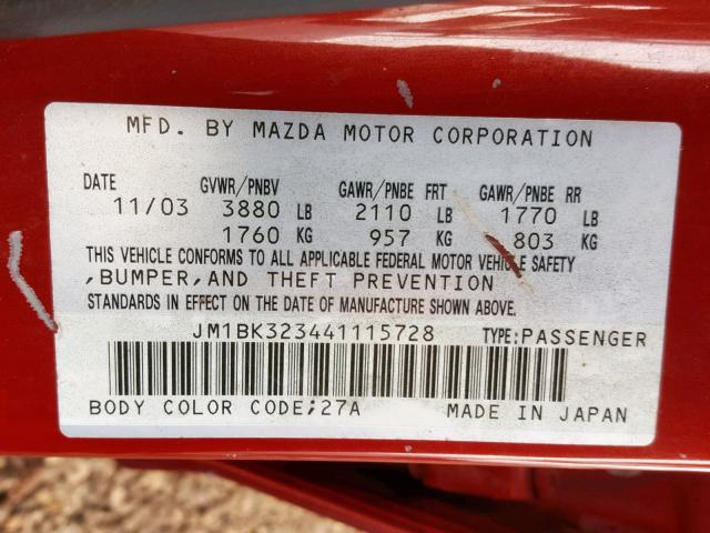 JM1BK323441115728 - 2004 MAZDA 3 S RED photo 10