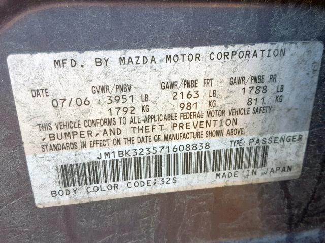 JM1BK323571608838 - 2007 MAZDA 3 S GRAY photo 10