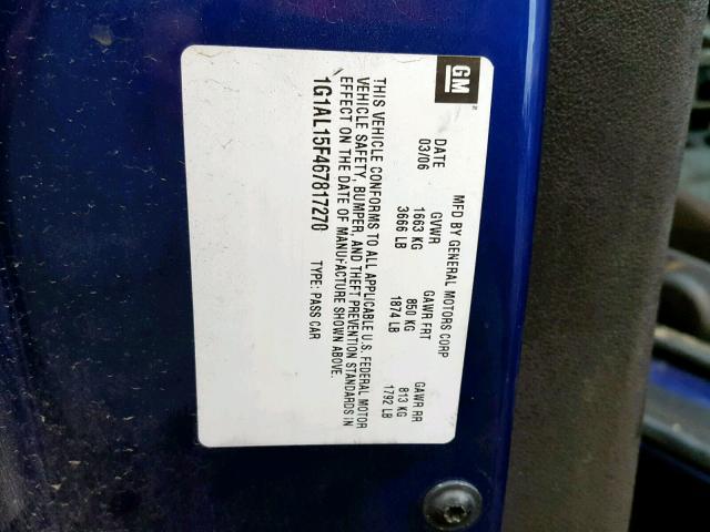 1G1AL15F467817270 - 2006 CHEVROLET COBALT LT BLUE photo 10