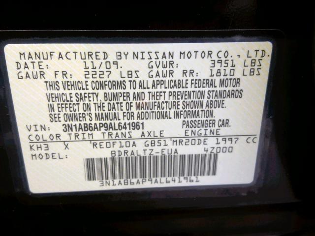 3N1AB6AP9AL641961 - 2010 NISSAN SENTRA 2.0 BLACK photo 10