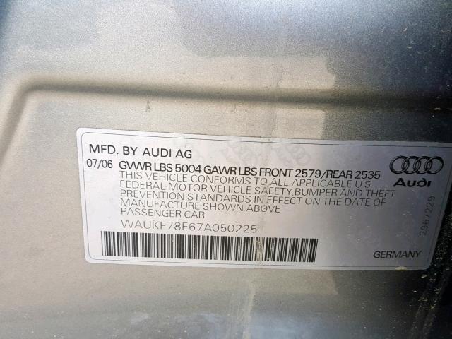 WAUKF78E67A050225 - 2007 AUDI A4 2.0T AV SILVER photo 10