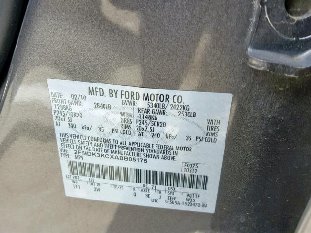 2FMDK3KCXABB05175 - 2010 FORD EDGE LIMIT GRAY photo 10