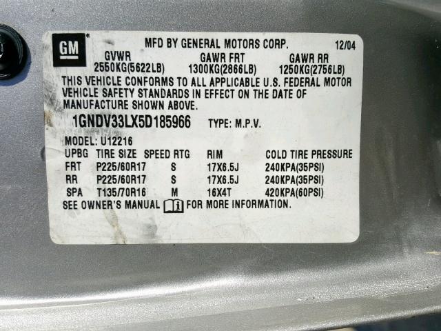 1GNDV33LX5D185966 - 2005 CHEVROLET UPLANDER L 银色 照片 10