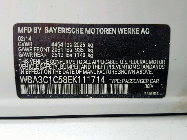 WBA3C1C58EK111714 - 2014 BMW 328 I SULE WHITE photo 10