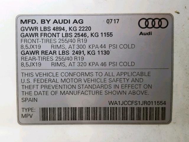 WA1JCCFS1JR011554 - 2018 AUDI Q3 PREMIUM WHITE photo 10