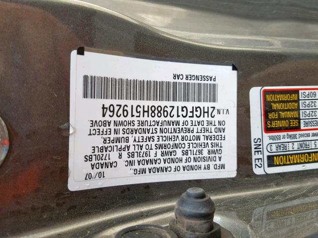 2HGFG12988H519264 - 2008 HONDA CIVIC EXL ოქროსფერი ფოტო 10