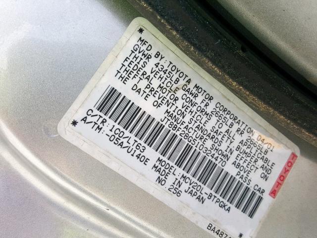 JT8BF28G510324470 - 2001 LEXUS ES 300 SILVER photo 10