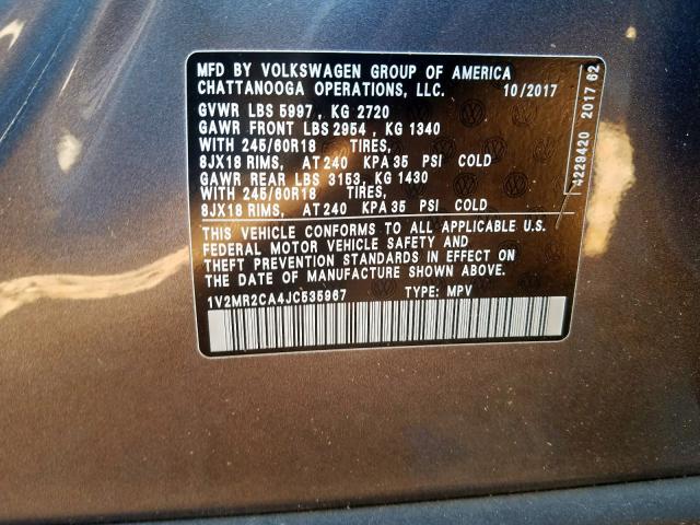 1V2MR2CA4JC535967 - 2018 VOLKSWAGEN ATLAS SEL  photo 10