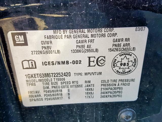 1GKET63M672252420 - 2007 GMC ENVOY DENA BLACK photo 10