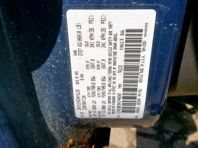 1D7HG38K94S740202 - 2004 DODGE DAKOTA QUA BLUE photo 10