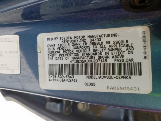 4T1BE32K33U207145 - 2003 TOYOTA CAMRY LE  photo 10