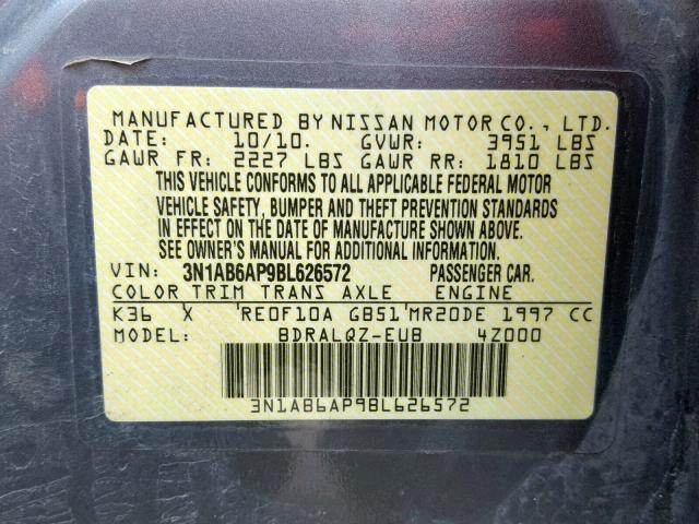 3N1AB6AP9BL626572 - 2011 NISSAN SENTRA 2.0 GRAY photo 10