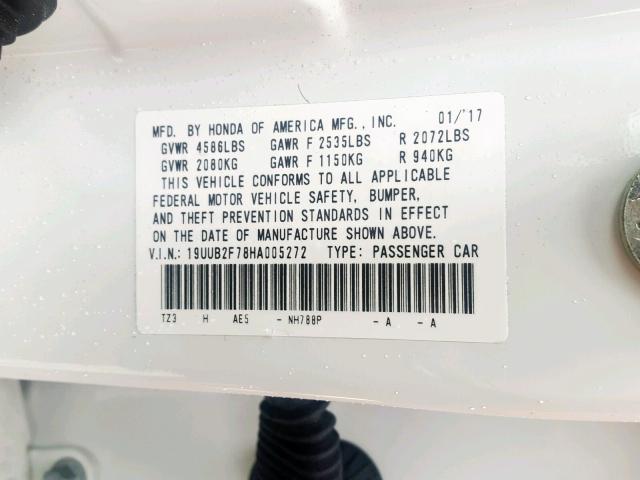 19UUB2F78HA005272 - 2017 ACURA TLX ADVANC WHITE photo 10