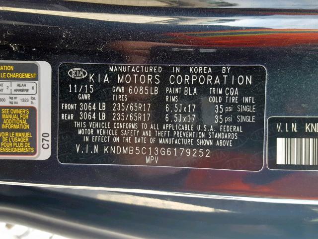 KNDMB5C13G6179252 - 2016 KIA SEDONA LX BLUE photo 10