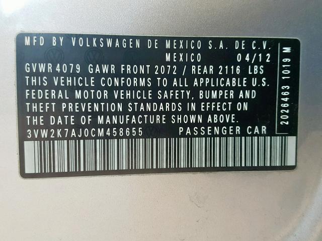3VW2K7AJ0CM458655 - 2012 VOLKSWAGEN JETTA BASE SILVER photo 10
