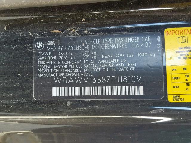 WBAWV13587P118109 - 2007 BMW 328 I SULE BLACK photo 10