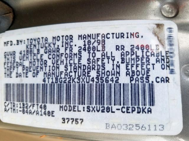 4T1BG22K3XU435642 - 1999 TOYOTA CAMRY CE  photo 10