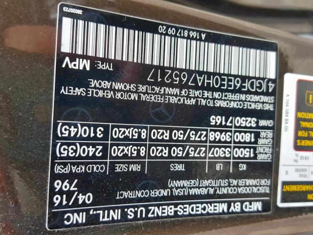 4JGDF6EE0HA765217 - 2017 MERCEDES-BENZ GLS 450 4M BROWN photo 10