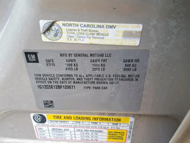 1G1ZC5E12BF129671 - 2011 CHEVROLET MALIBU 1LT 银色 照片 10