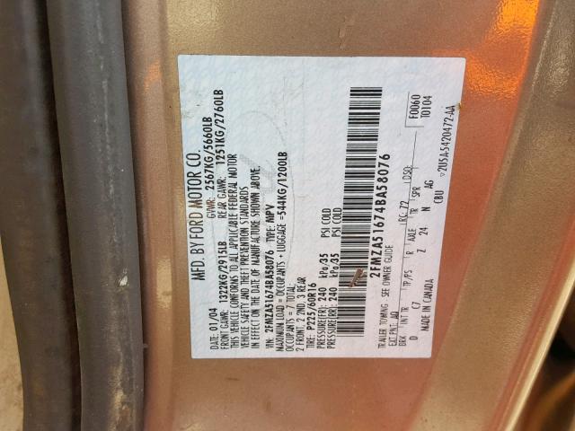 2FMZA51674BA58076 - 2004 FORD FREESTAR S GOLD photo 10