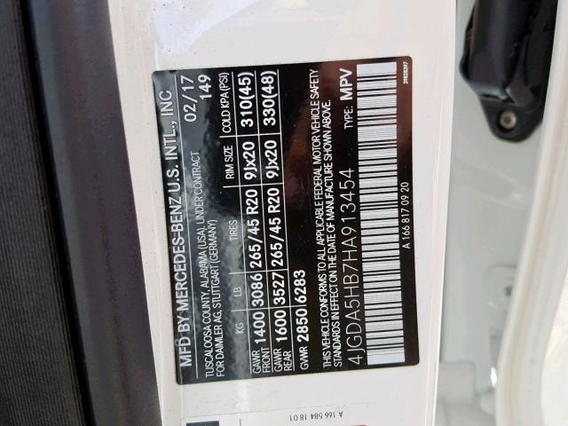 4JGDA5HB7HA913454 - 2017 MERCEDES-BENZ GLE 350 4M WHITE photo 10