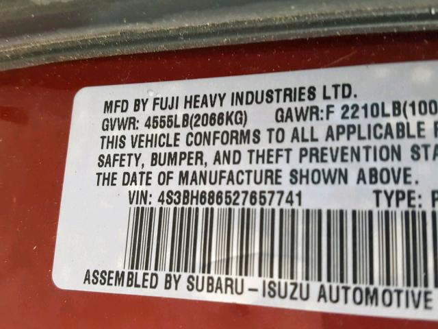 4S3BH686527657741 - 2002 SUBARU LEGACY OUT BURGUNDY photo 10