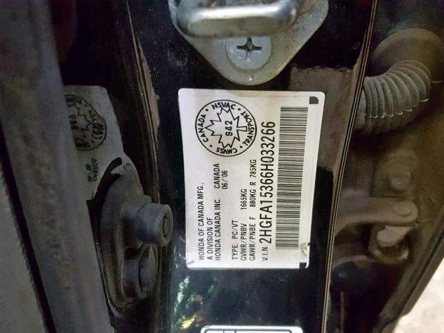 2HGFA15366H033266 - 2006 HONDA CIVIC DX BLACK photo 10