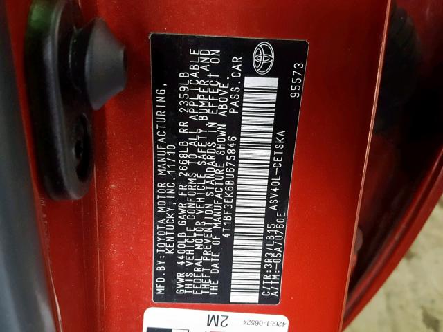 4T1BF3EK6BU675846 - 2011 TOYOTA CAMRY BASE RED photo 10